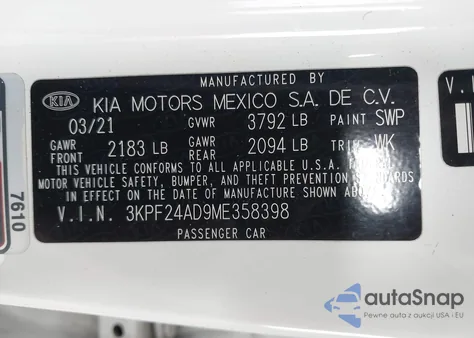 2021 Kia Forte Lxs из США, поврежденный, VIN 3KPF24AD9ME358398